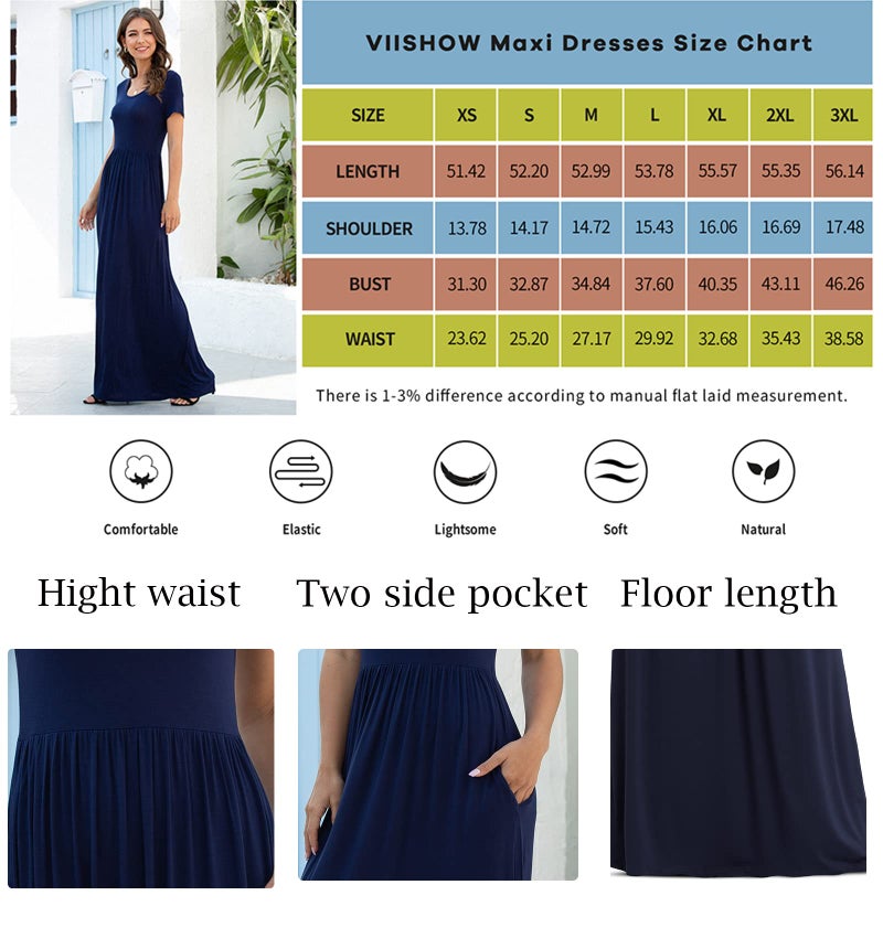 VIISHOW Women's Short Sleeve Loose Plain Maxi Dresses Casual Long Dresses with Pockets(Black, XX-Large) - Image 3